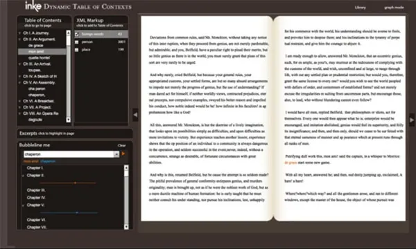 Figure 4: The Dynamic Table of Contexts, showing three of four interactive panes at left along with the text viewing pane at right