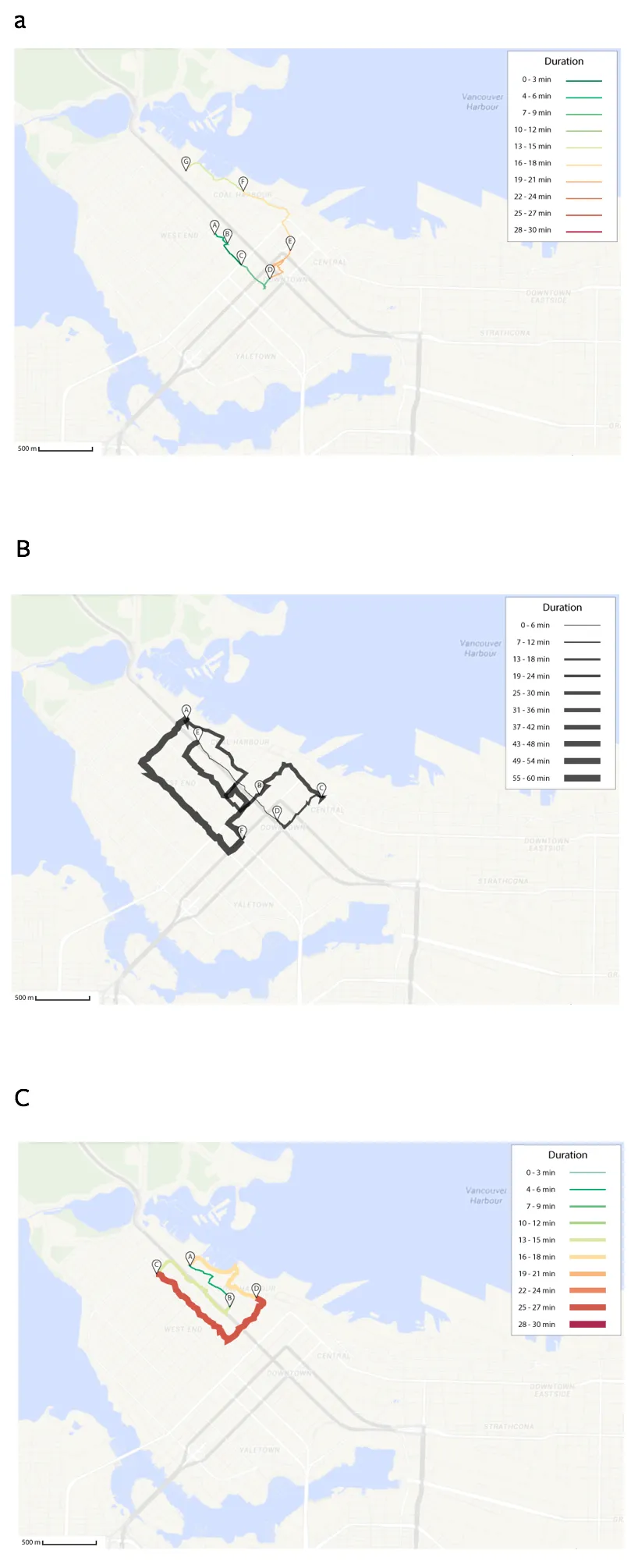 Figure 1: Example of the maps uses in the experiment: (A) sparse map using colours, (B) dense map using thickness, and (C) sparse map using both techniques.
