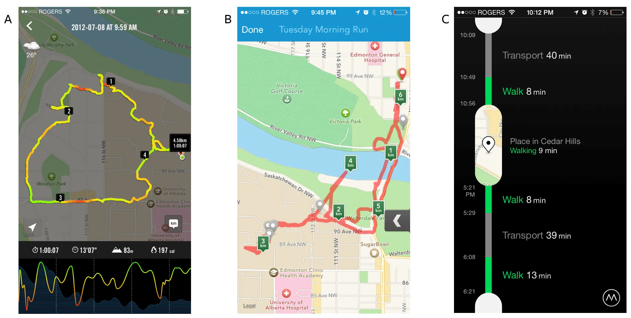 Figure 1: (A) Nike+ shows the runner performance after the exercise: a map displays the route traveled coloured by the instant speed in each section, while the graph below presents elevation and speed. (B) Runkeeper shows the route traveled after a physical activity. (C) Moves' main screen shows a timeline of user’s daily movement activity.